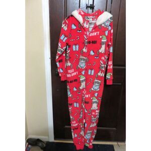 Grumpy Cat Hooded One Piece Zip Fleece Pajamas Adult Size M(8/10) Red Christmas